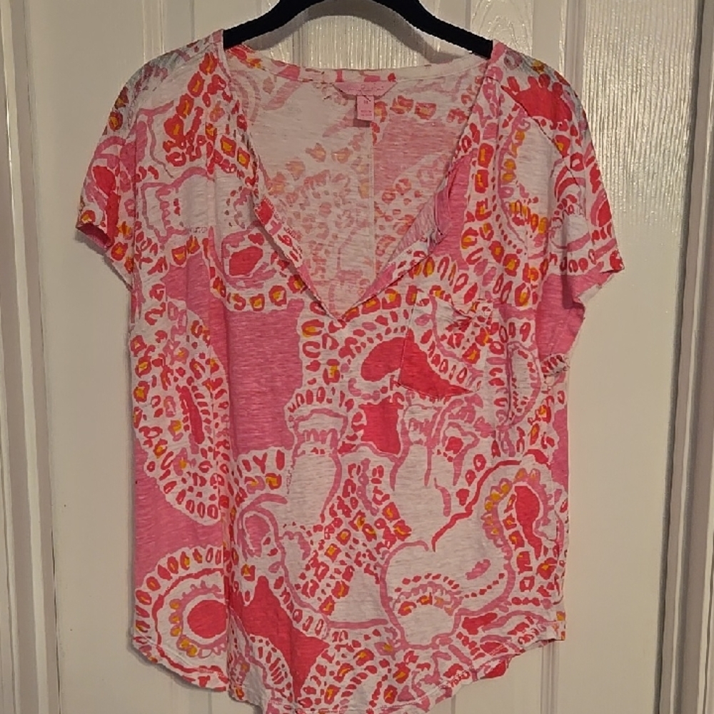 Lilly Pulitzer Pink Short Sleeve Graphic Blouse